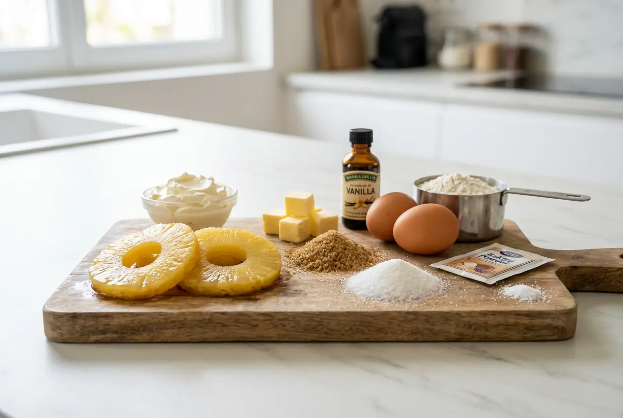 Ingredients-Petits-Moelleux-Renverses-Ananas-Mascarpone-e648-4db5-b929-cd0f9f765f39 Ingrédients frais pour la recette des Petits Moelleux Renversés à l’Ananas & Mascarpone disposés sur un plan de travail en bois.