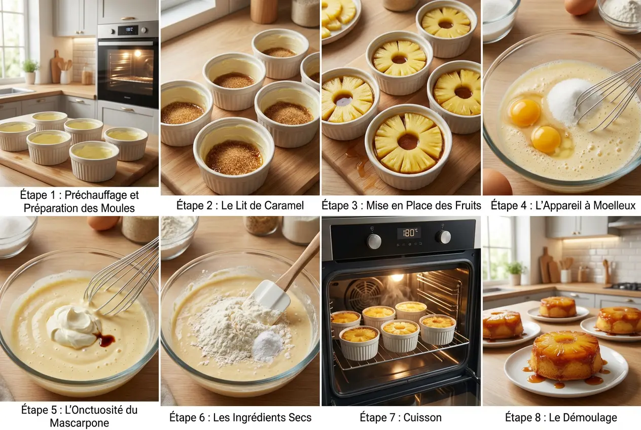 Guide photo étape par étape pour préparer les Petits Moelleux Renversés à l’Ananas & Mascarpone, de la préparation du caramel au démoulage.
