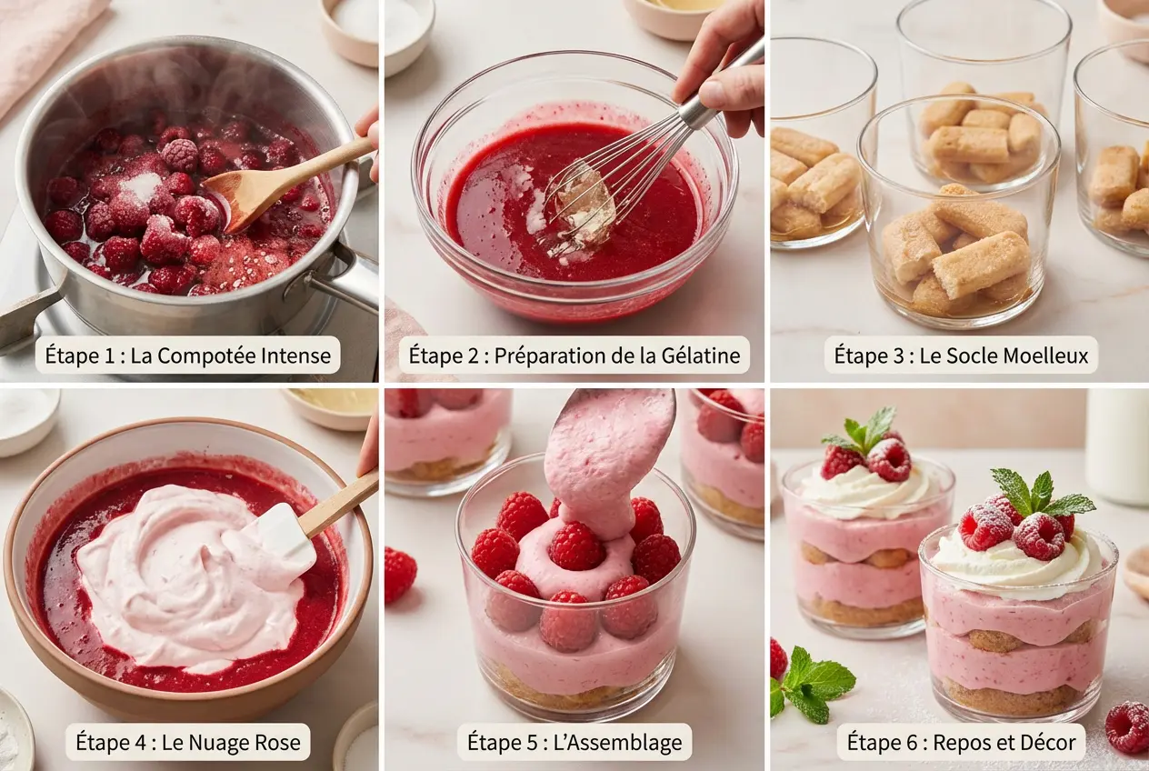 Étapes préparation recette charlotte mousse framboises : compotée, mélange mousse et montage verrines.