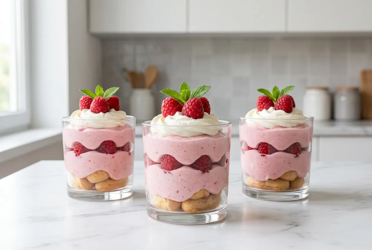 Gros plan verrine charlotte mousse framboise couches visibles biscuit mousse rose et chantilly.