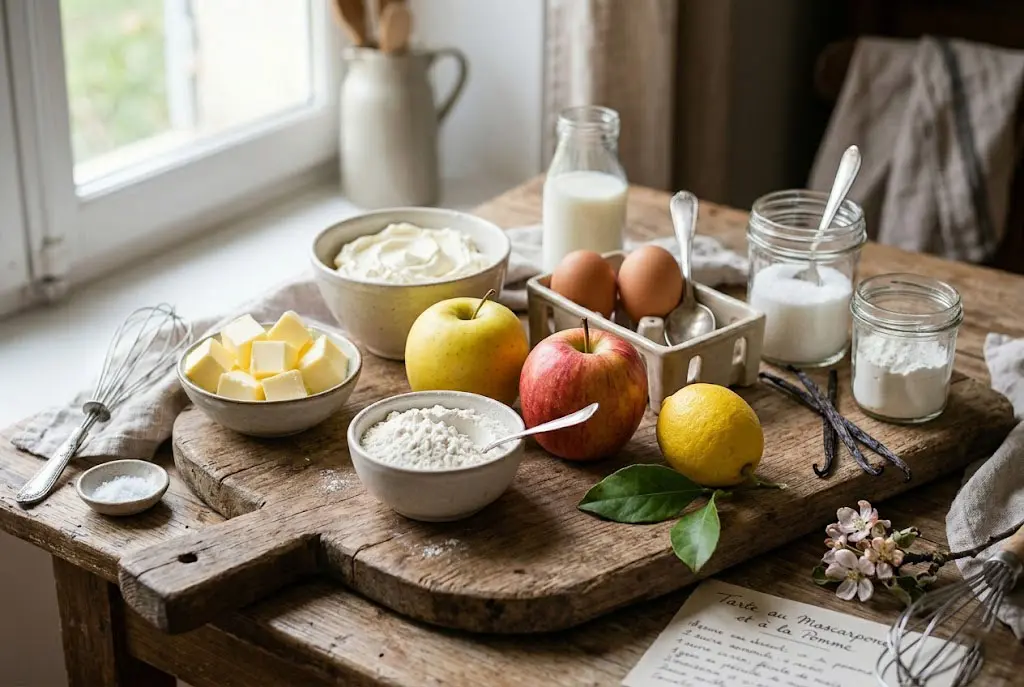 Ingrédients pour tarte au mascarpone et à la pomme disposés sur une table