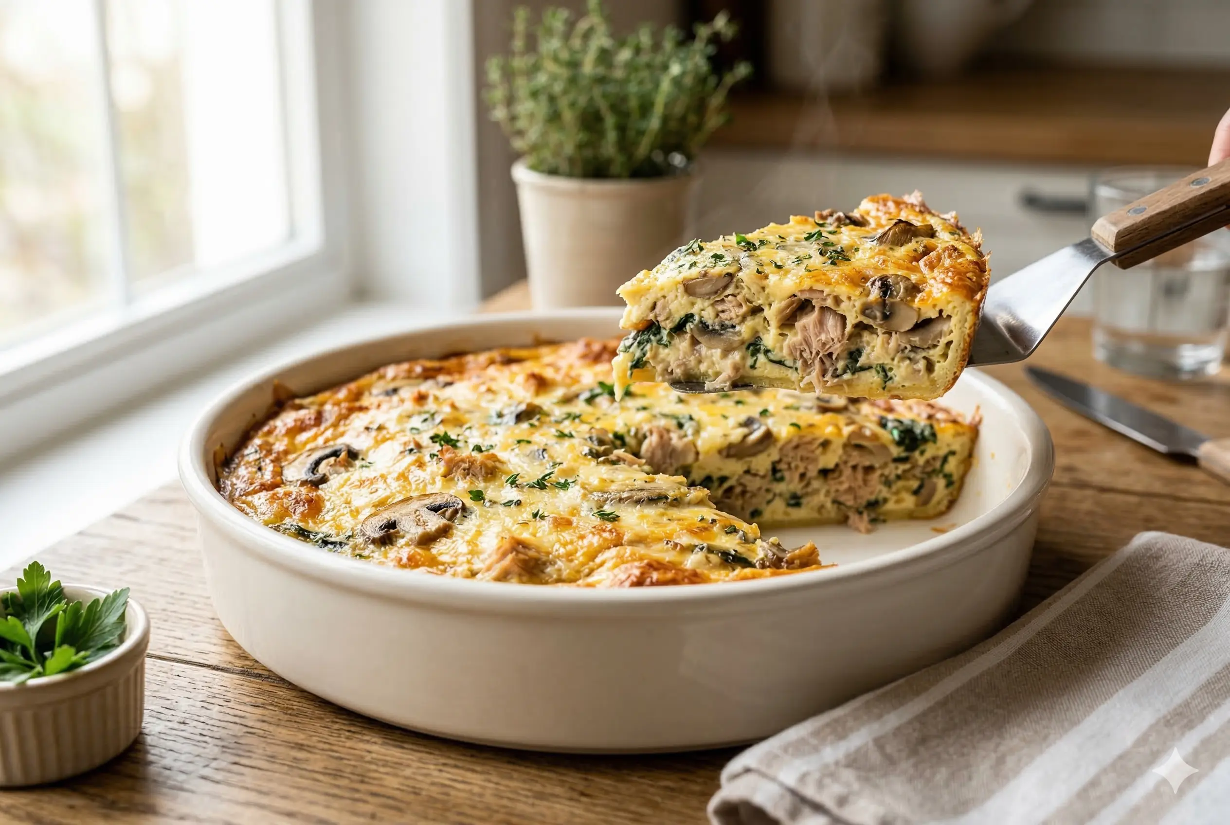 Part de quiche sans pâte thon champignon servie avec salade verte