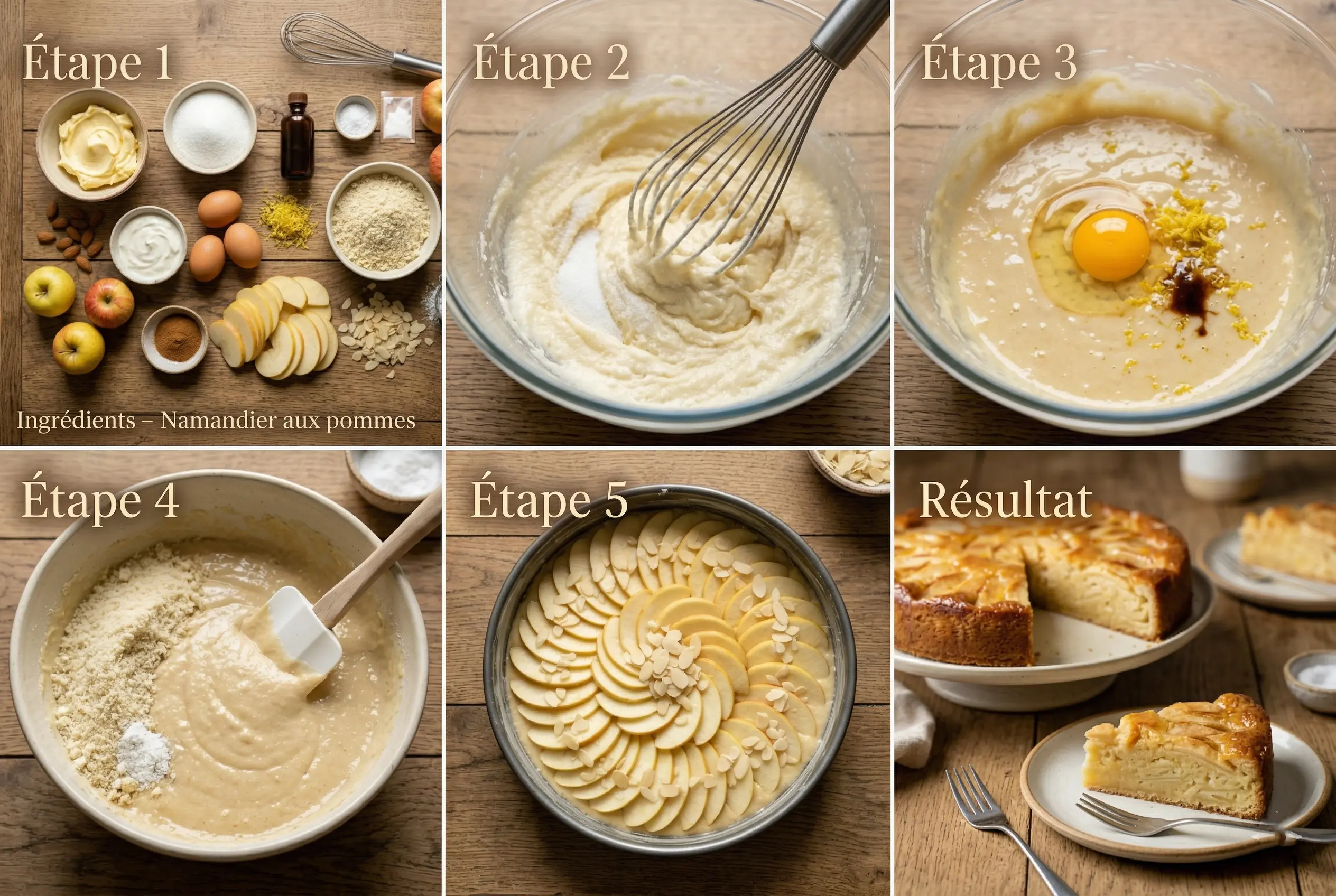 Préparation Namandier aux pommes étapes mélange beurre sucre œufs amandes et montage avec pommes
