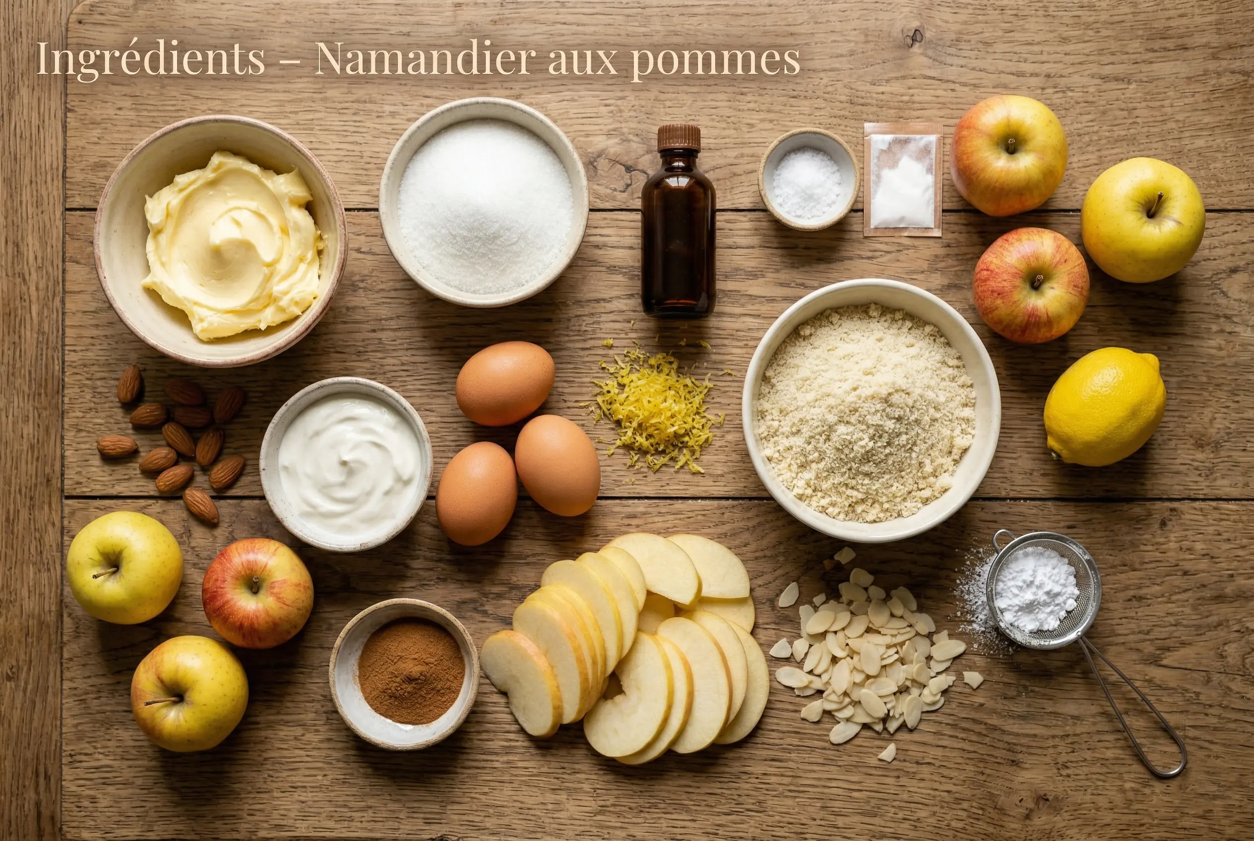 Namandier aux pommes ingrédients disposés sur planche en bois avec beurre, œufs, sucre, amandes et pommes fraîches