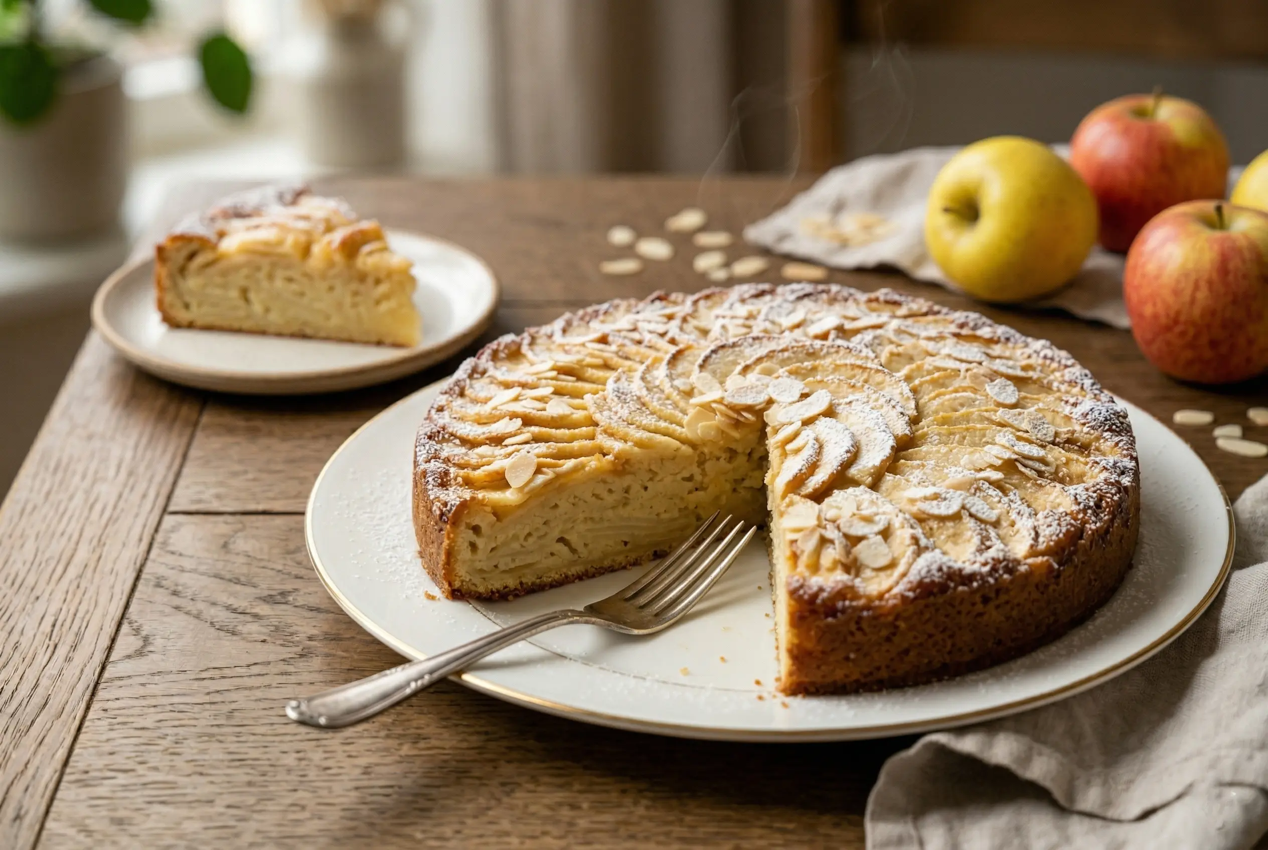 Namandier aux pommes doré avec rosace de pommes et amandes effilées gâteau moelleux maison