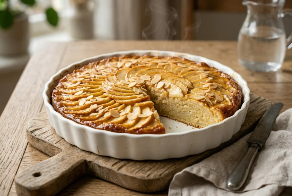 Namandier aux pommes doré avec rosace de pommes et amandes effilées gâteau moelleux maison