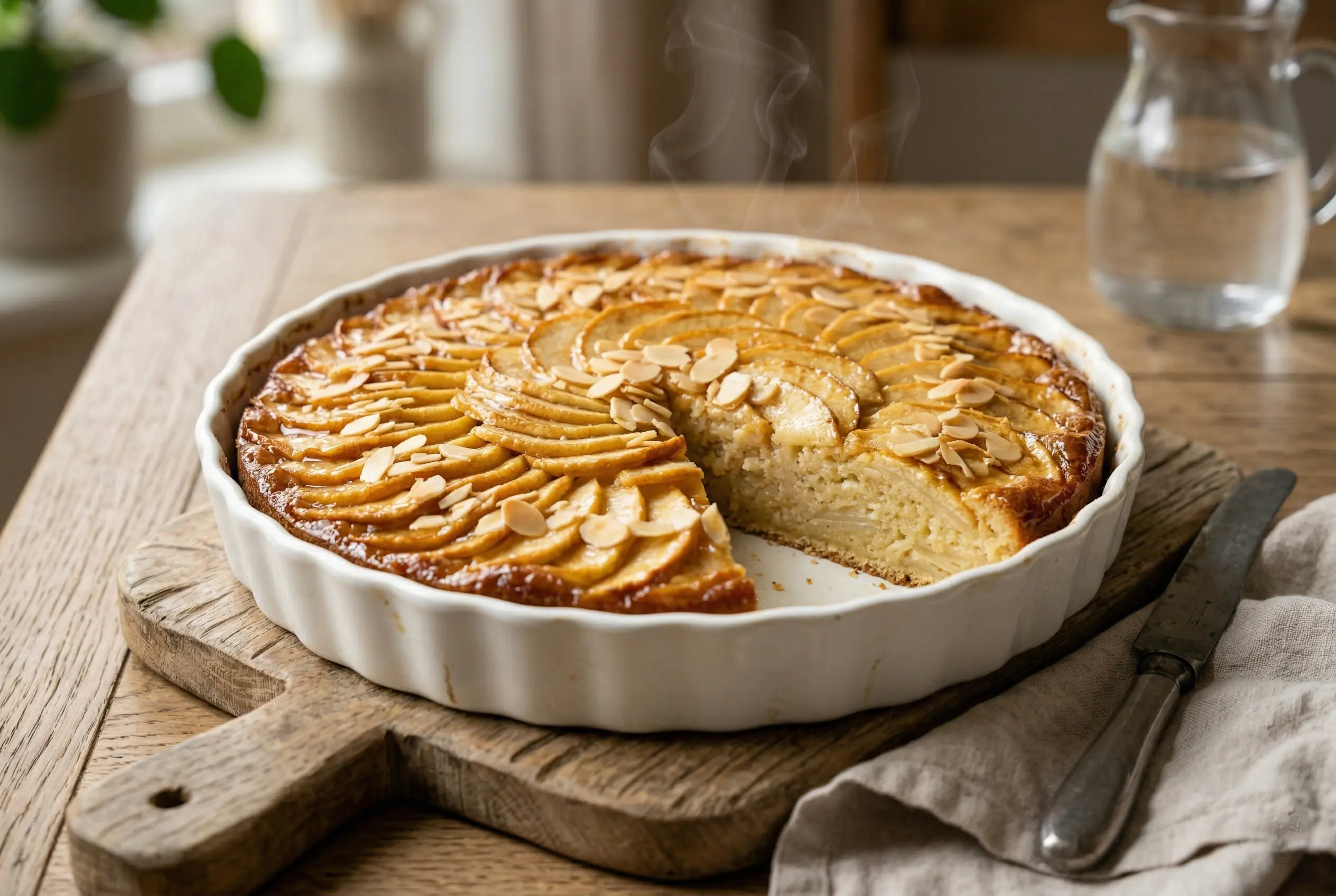 Namandier aux pommes doré avec rosace de pommes et amandes effilées gâteau moelleux maison