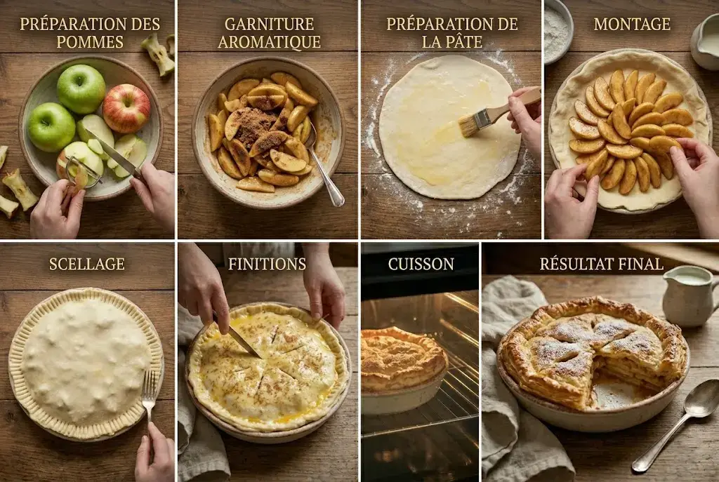 Préparation du crumble et assemblage de la croustade aux pommes avant cuisson