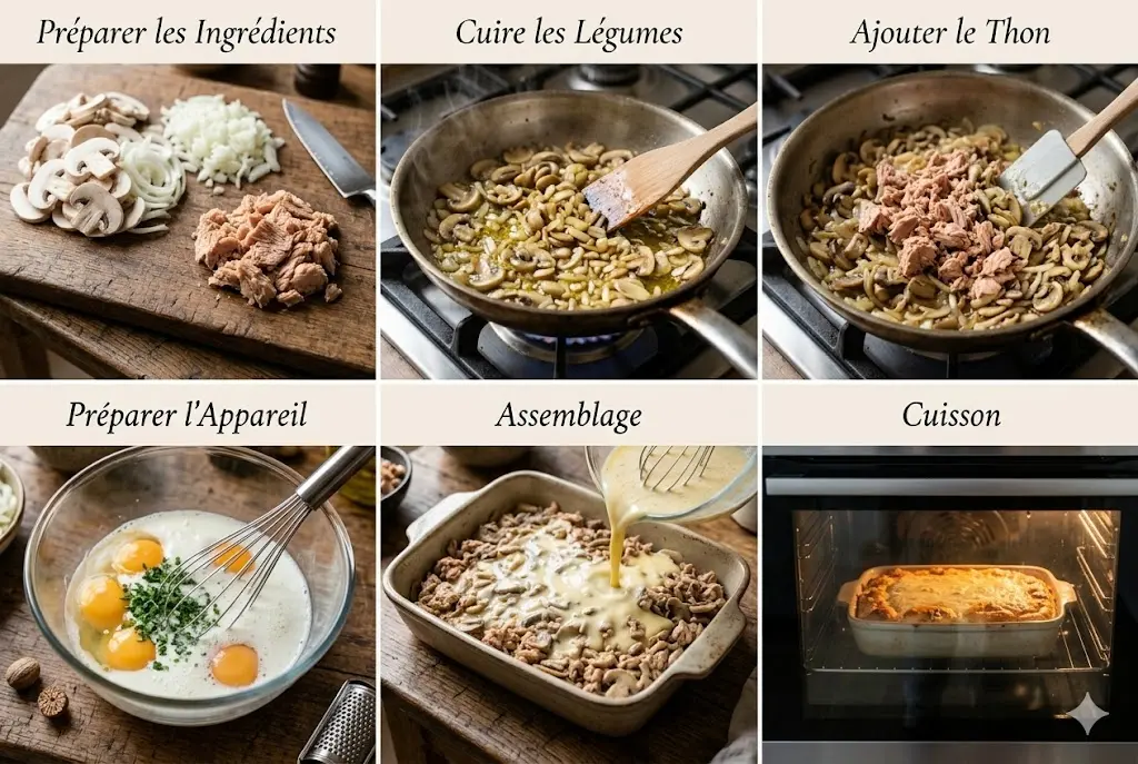 Étapes de préparation de la quiche sans pâte thon champignon avec cuisson des légumes et mélange œufs lait
