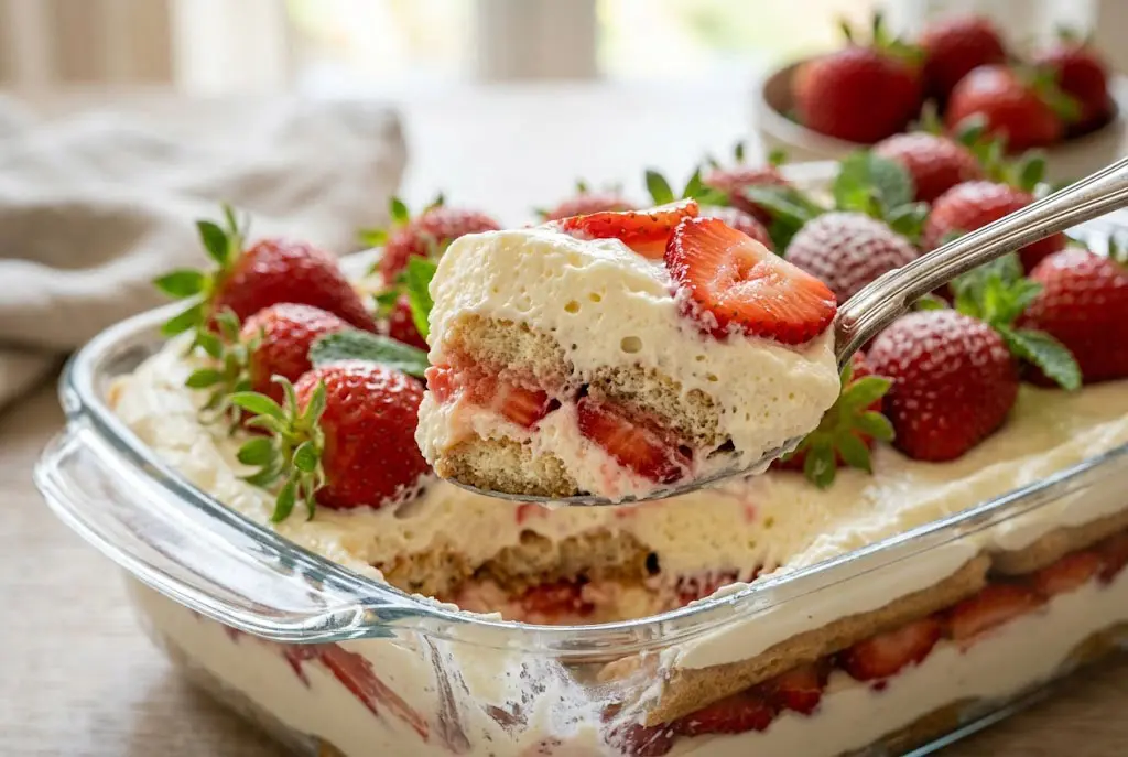 Tiramisu aux fraises prêt à déguster décoré avec fraises fraîches et feuilles de menthe