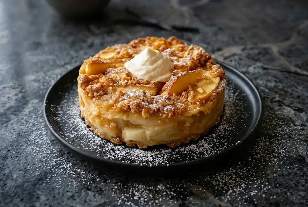 Croustade aux pommes ronde épaisse avec topping croustillant sucre glace et crème