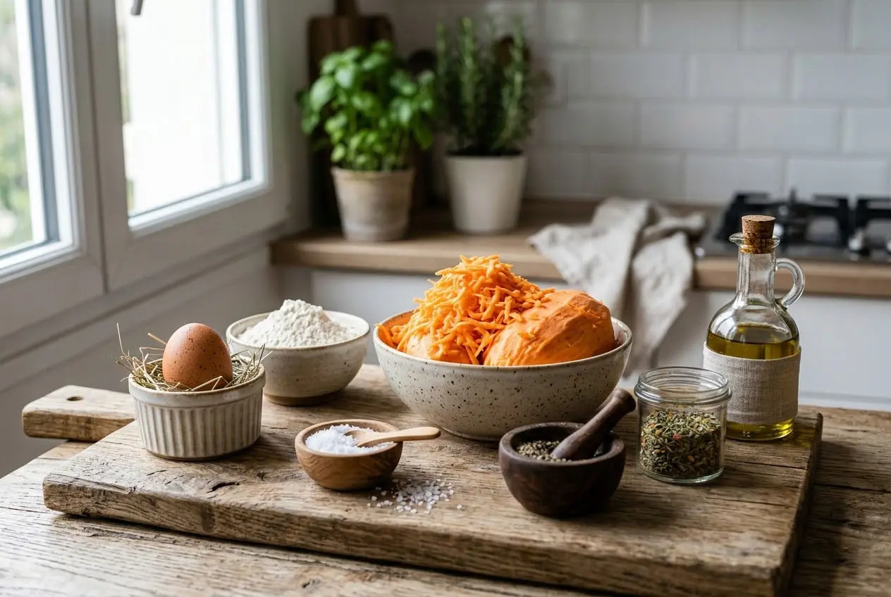 unnamed (ingredients-galettes-croustillantes-patate-douce) Ingrédients frais pour galettes croustillantes de patate douce sur une planche en bois : patate râpée, œuf, farine et huile d'olive.