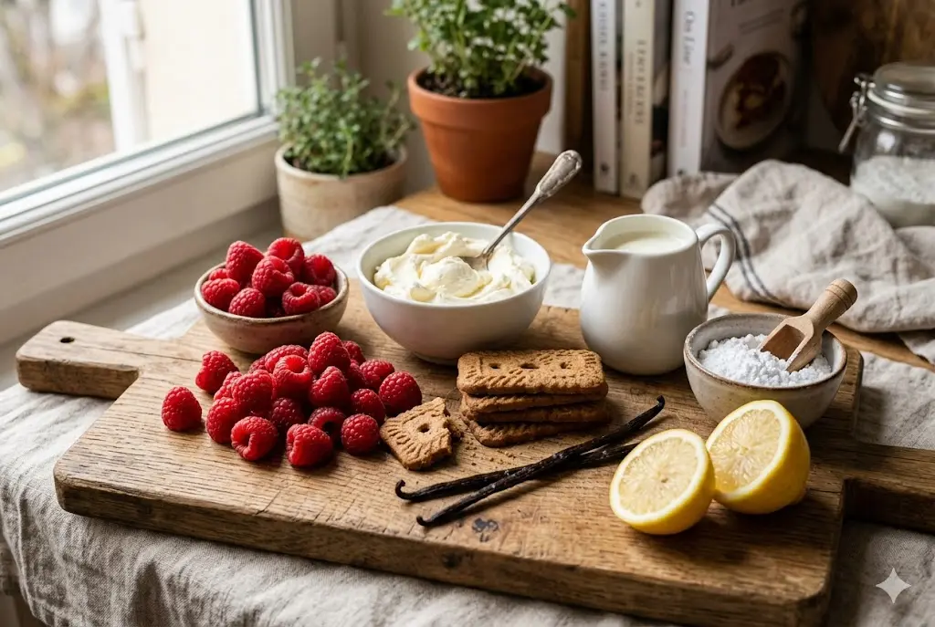 Ingrédients tiramisu framboise spéculoos Ingrédients pour tiramisu framboise spéculoos sur planche en bois avec framboises fraîches, mascarpone et biscuits