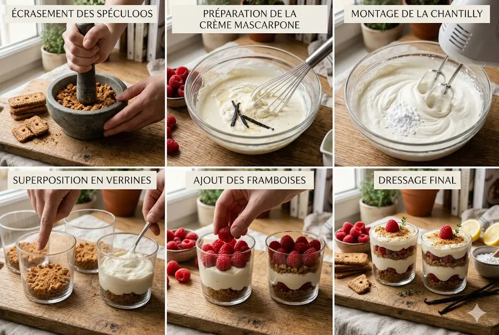 Étapes de préparation du tiramisu framboise spéculoos en verrines étape par étape