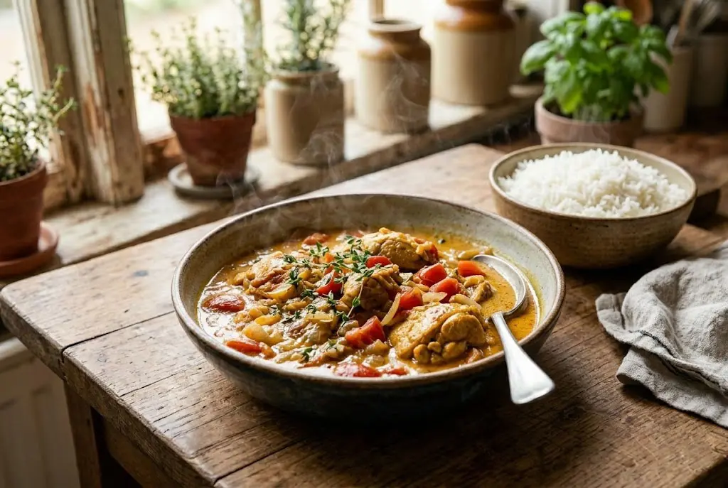 Plat de poulet au lait de coco fumant servi dans un bol rustique avec du riz basmati blanc et une sauce dorée.