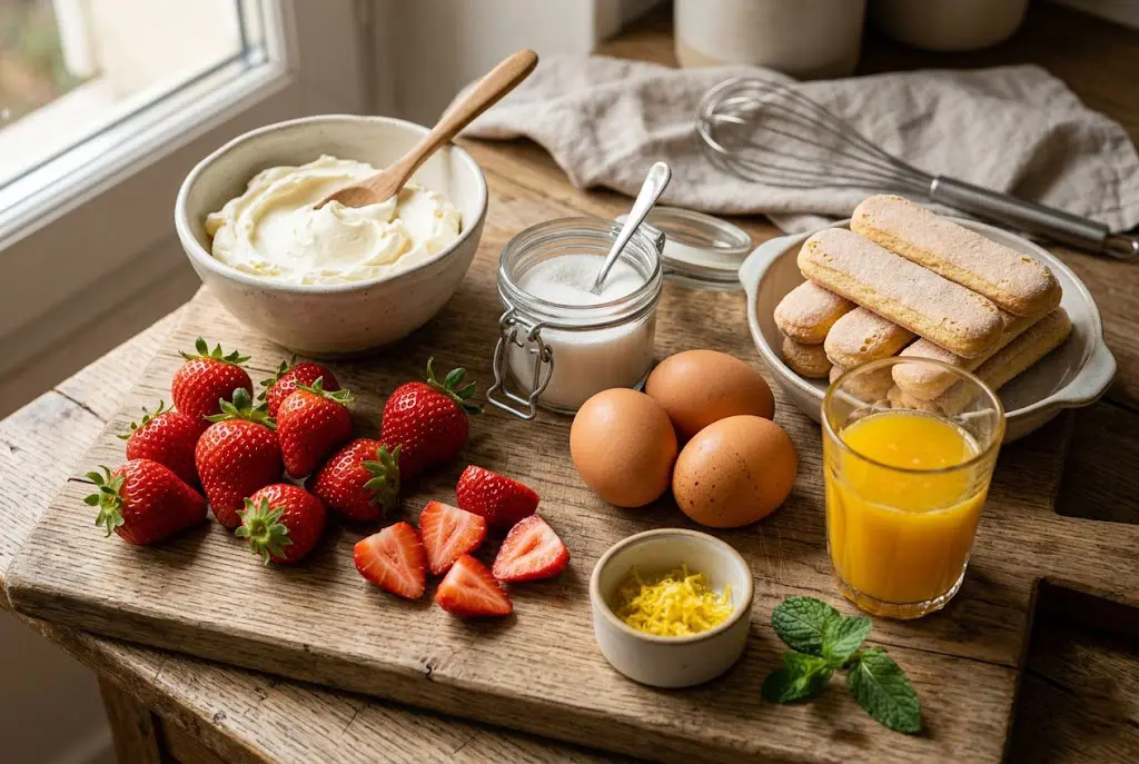Ingrédients frais pour tiramisu aux fraises facile Ingrédients du tiramisu aux fraises disposés sur une planche en bois avec mascarpone, fraises fraîches, œufs et biscuits à la cuillère