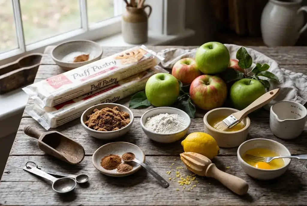 Croustade aux pommes ingrédients sur planche en bois avec pommes fraîches, flocons d’avoine, farine, beurre et sucre brun