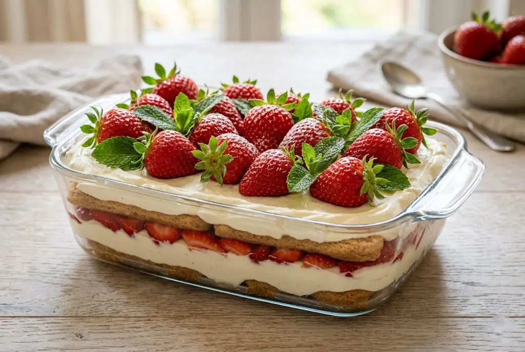 Tiramisu aux fraises prêt à déguster décoré avec fraises fraîches et feuilles de menthe