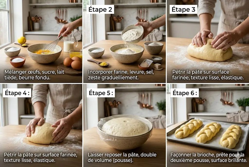 Étapes préparation pâte à brioche mélange pétrissage levée façonnage en cuisine