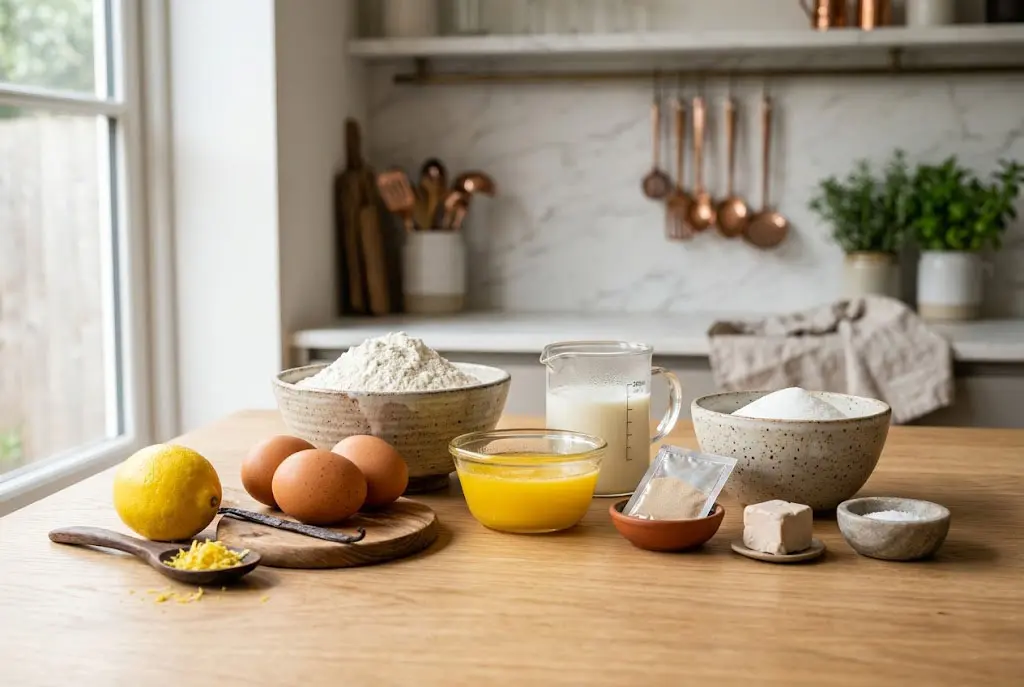 Ingrédients pour pâte à brioche moelleuse avec farine lait œufs beurre sucre levure disposés sur table moderne