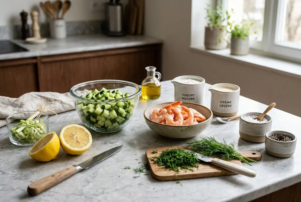 Ingrédients frais pour une salade crémeuse de concombre et crevettes incluant concombre, crevettes, yaourt, crème légère, citron, aneth et oignon nouveau.