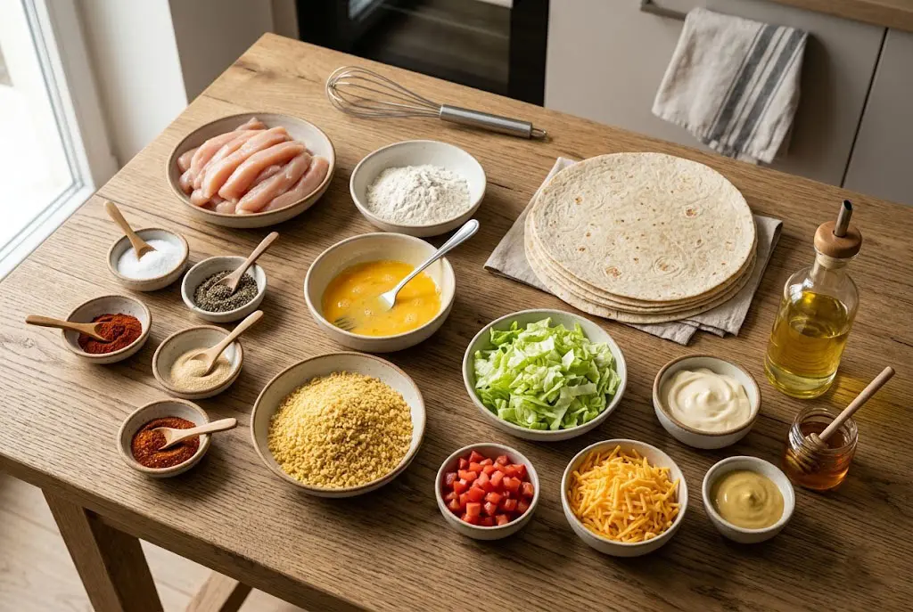 Une vue de dessus d'un plan de travail en bois avec divers bols contenant des blancs de poulet, du panko, de la farine, des œufs battus, des mini tortillas de blé, de la laitue émincée, des tomates cerises coupées en dés, de l'avocat et de la sauce crémeuse chipotle.