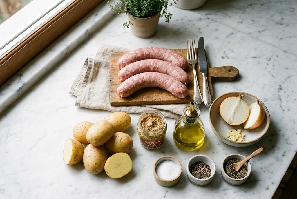 Ingrédients pour Saucisses au four avec pommes de terre et moutarde disposés sur une table de cuisine lumineuse.