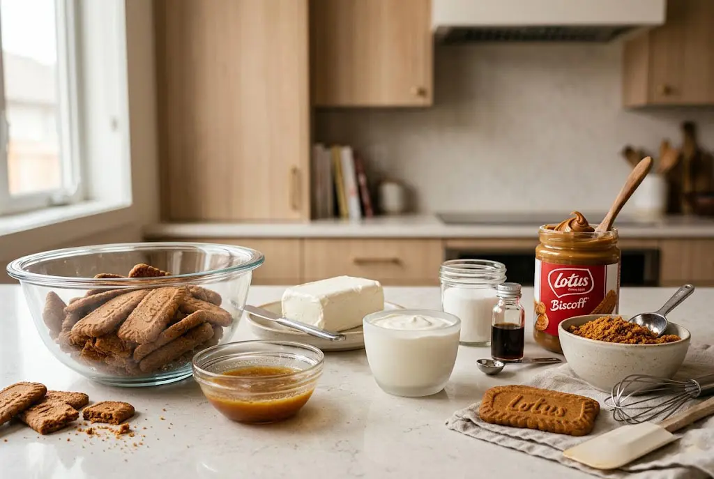 Ingrédients pour carrés cheesecake Lotus Biscoff sans cuisson disposés sur une table moderne