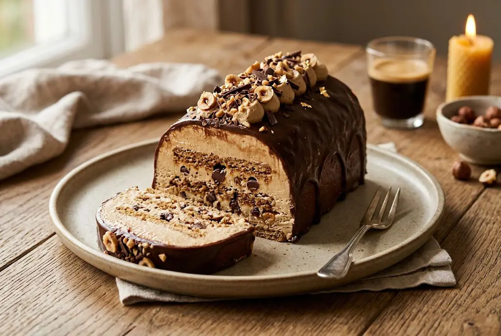Résultat final gourmand Bûche glacée au café et chocolat décorée de chocolat fondu et noix, servie en tranches.