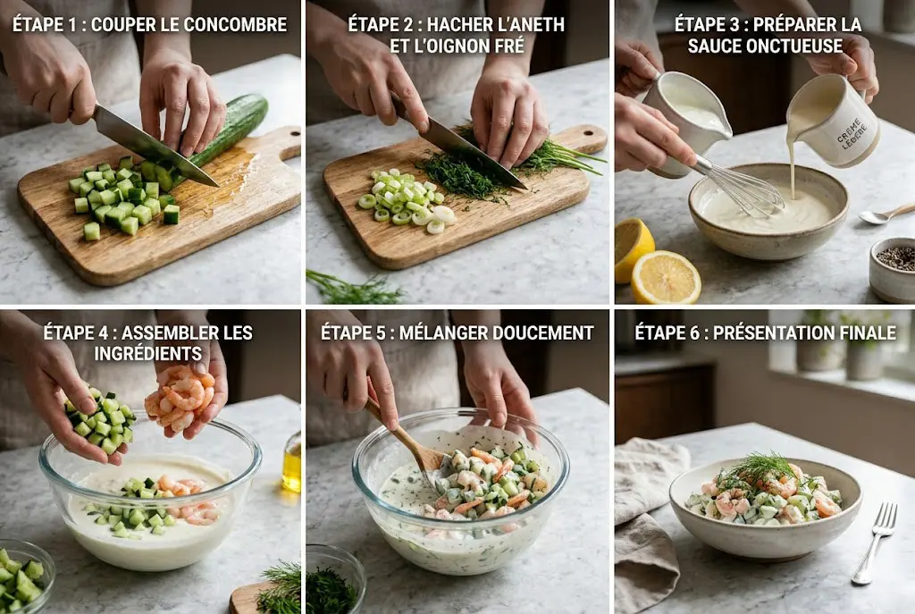 Étapes de préparation d’une salade crémeuse de concombre et crevettes avec découpe des ingrédients, préparation de la sauce et mélange final.