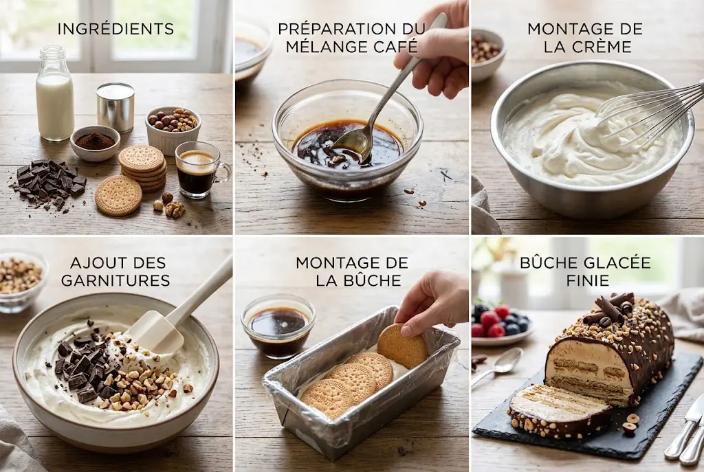 Préparation de la bûche glacée avec mélange de crème, café et biscuits.