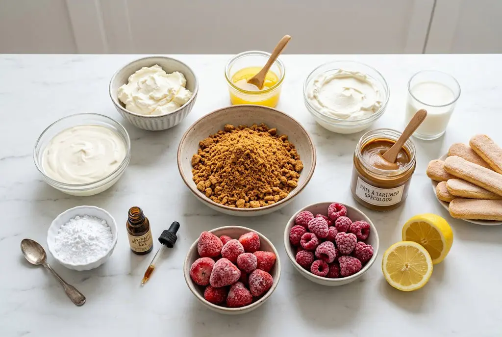 Ingrédients frais pour gâteau spéculoos, fruits rouges et mascarpone sur plan de travail en marbre.