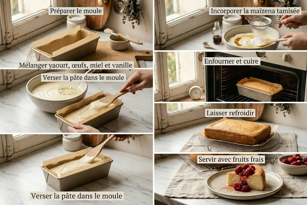 Mélange du yaourt, œufs, miel et vanille dans un grand bol pour gâteau léger au yaourt grec
