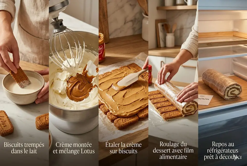 Étapes de préparation d’un bras froid Lotus avec biscuits trempés, crème étalée, roulage et repos au réfrigérateur.