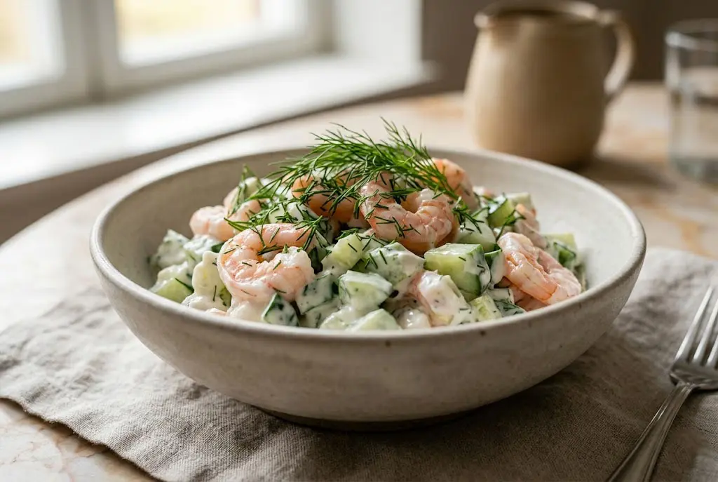Salade crémeuse de concombre et crevettes servie dans un bol élégant avec aneth frais sur le dessus.