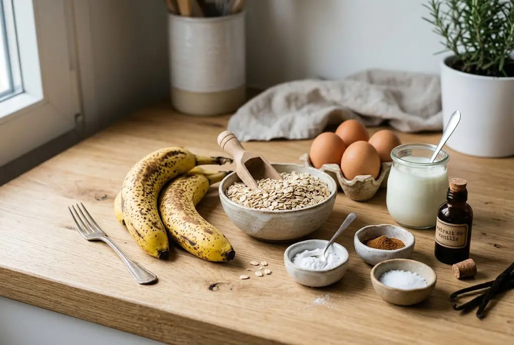 Gâteau healthy à la banane et flocons d’avoine avec ingrédients disposés sur table en bois