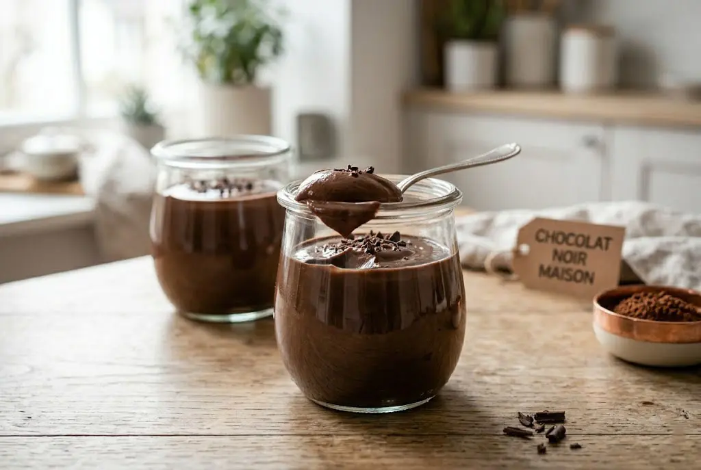 Crème chocolat maison servie en verrines élégantes, dessert crémeux et gourmand