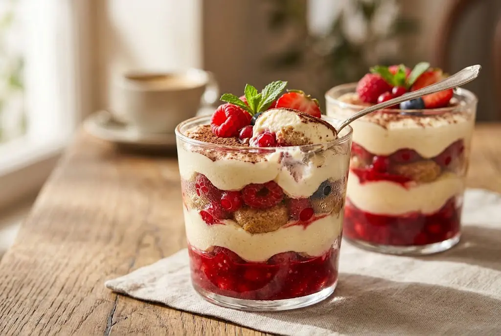 Tiramisu aux fruits rouges servi en verrines avec crème onctueuse et fruits frais en décoration