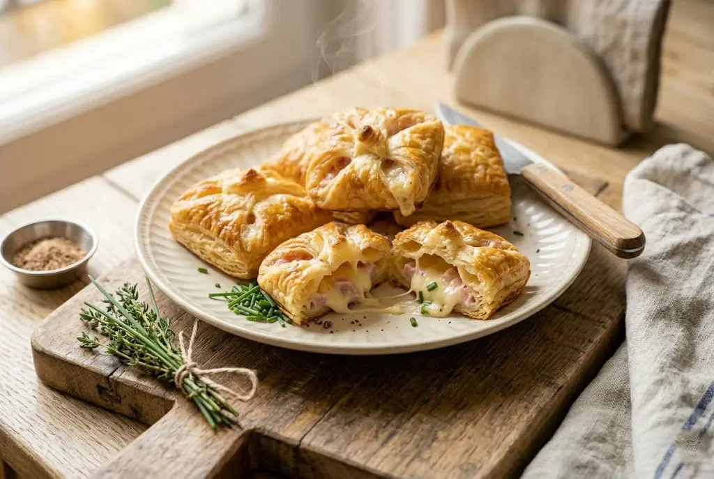 Bouchées feuilletées au jambon et fromage doré croustillantes