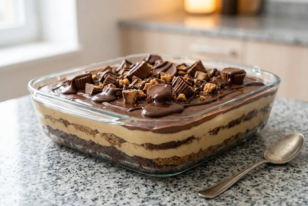 Gâteau sans cuisson chocolat et beurre de cacahuète en couches dans un plat en verre