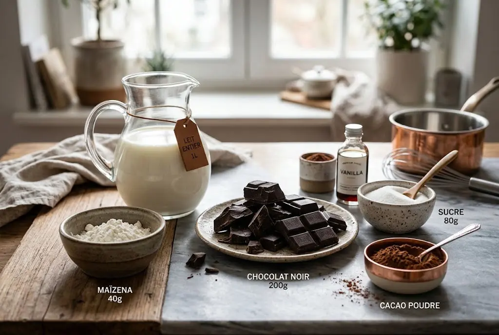 Ingrédients pour crème chocolat maison ultra onctueuse disposés sur une table de cuisine moderne