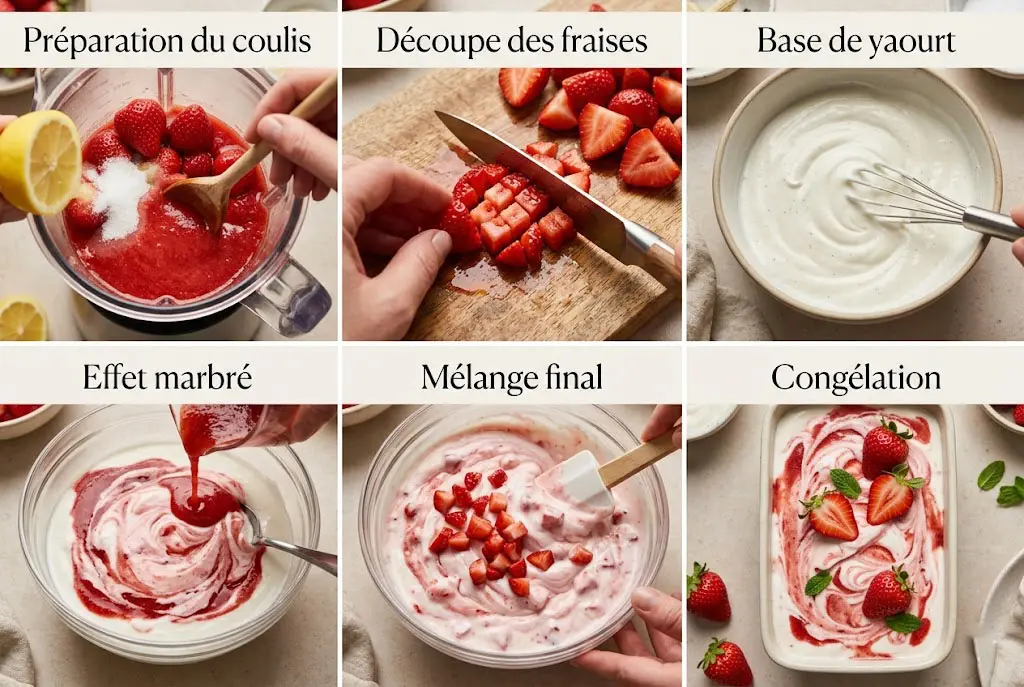Étapes de préparation du yaourt glacé à la fraise montrant mélange, découpe et marbrage