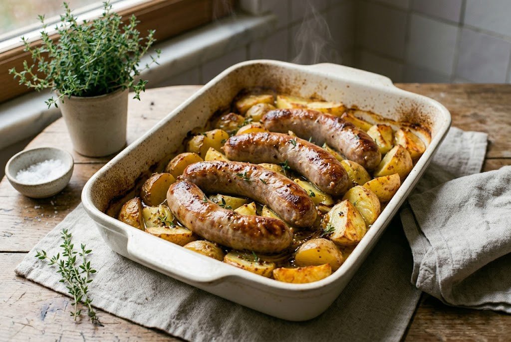 Saucisses au four dorées avec pommes de terre et sauce moutarde servies chaudes.