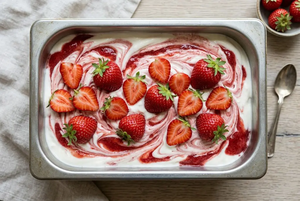 Yaourt glacé à la fraise crémeux dans un bac avec marbrures et fraises fraîches