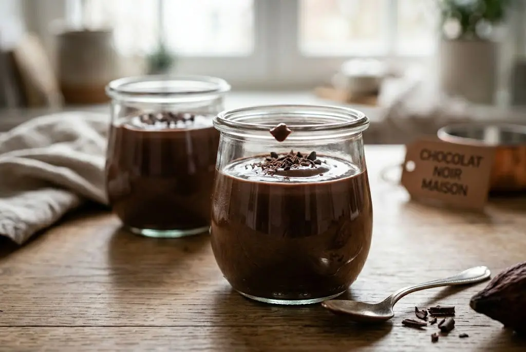 Crème chocolat maison servie en verrines élégantes, dessert crémeux et gourmand