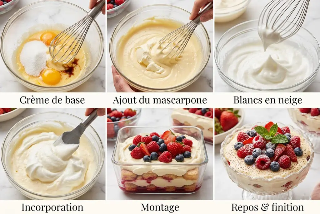 Étapes de préparation du tiramisu aux fruits rouges montrant le mélange de la crème, les blancs en neige et le montage des couches