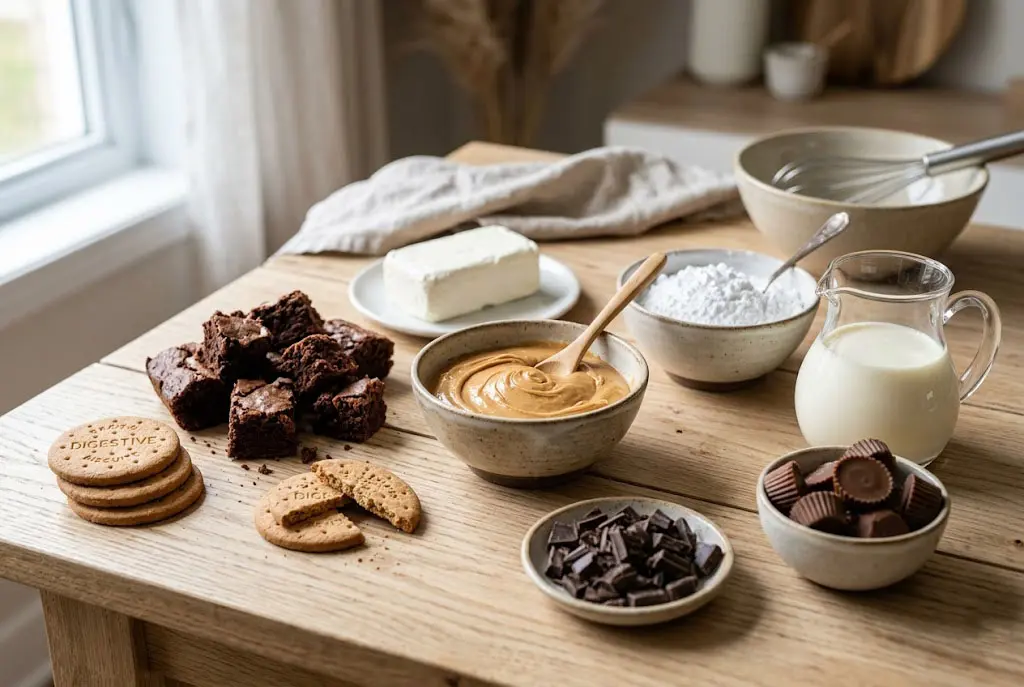 Ingrédients pour gâteau sans cuisson chocolat et beurre de cacahuète avec brownie biscuits crème fromage et chocolat