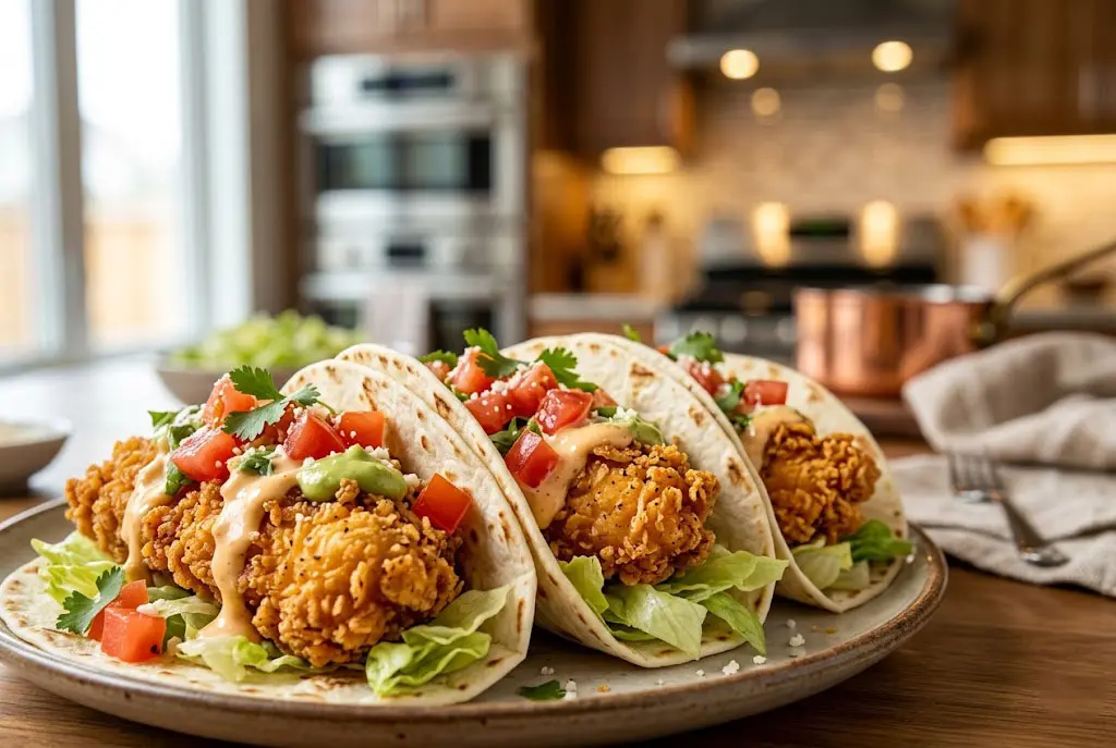 Trois tacos au poulet croustillant assemblés et disposés dans un support à tacos en métal argenté. On voit le poulet frit doré, la laitue, les tomates, des tranches d'avocat, un filet de sauce chipotle orange et de la coriandre fraîche sur le dessus.