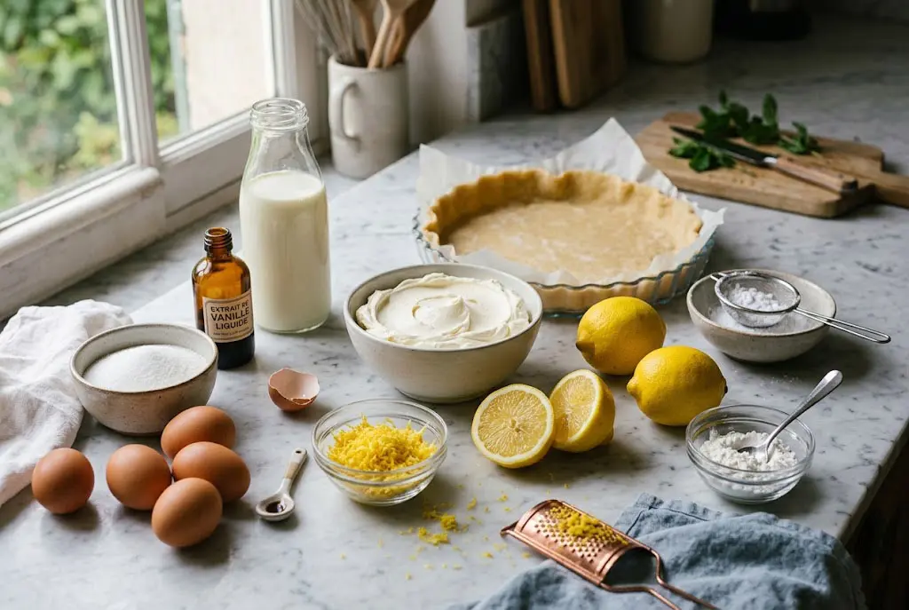Ingrédients pour tarte mascarpone citron disposés sur plan de travail élégant avec citrons frais, mascarpone, œufs et sucre