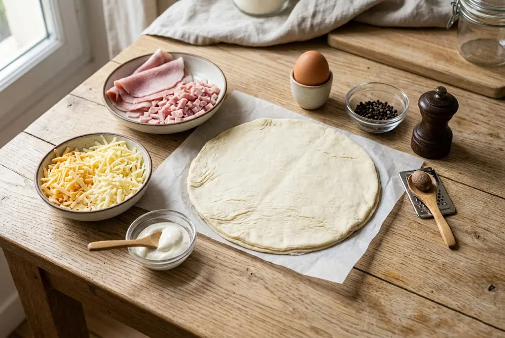 Ingrédients pour bouchées de pâte feuilletée au jambon et fromage sur table en bois
